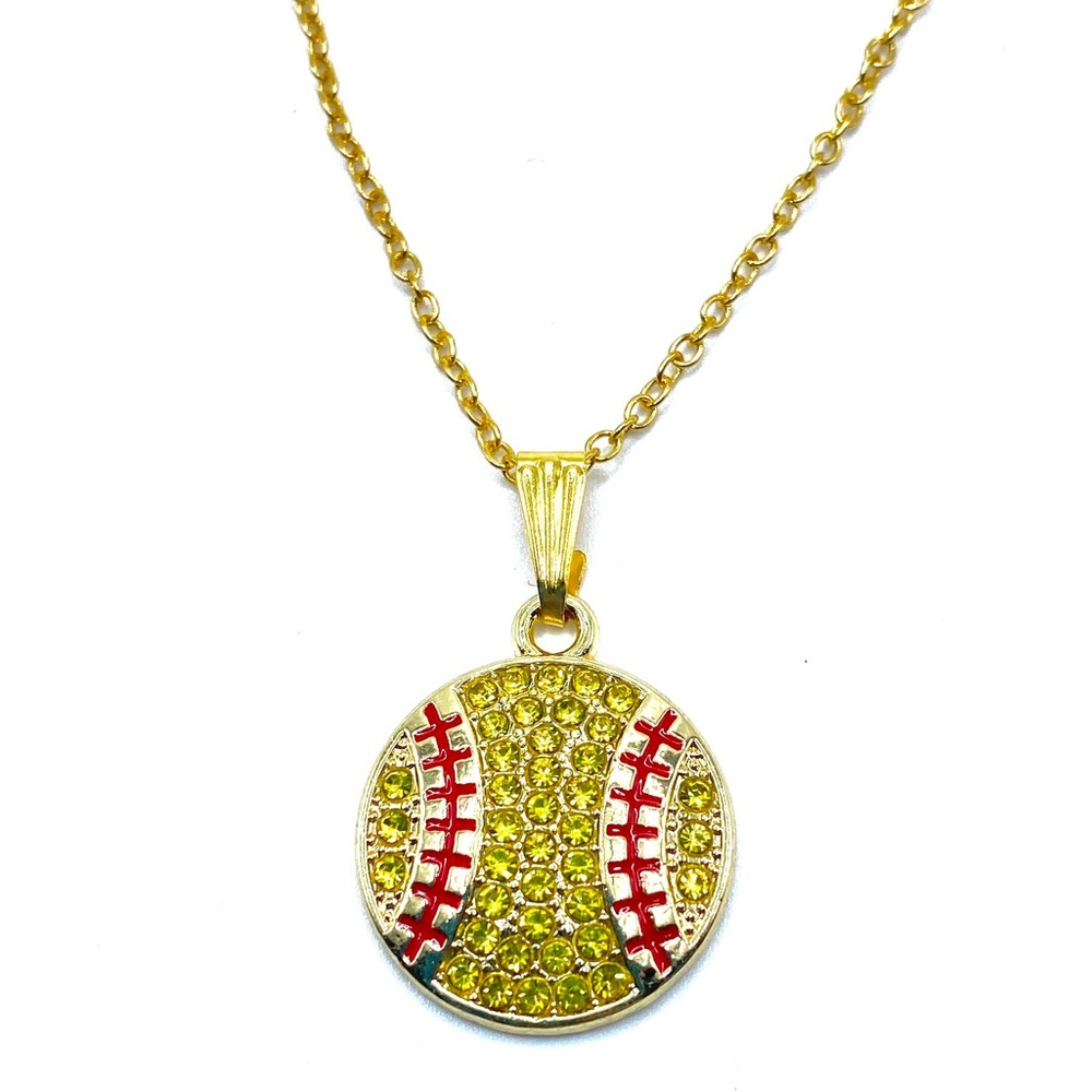 Softball Necklace Gold Rhinestone